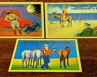 3 Humorous 1940s Vintage Postcards Unused Brightly Colored ~Motorcycle Cop ~Red Coupe ~Cowboy ~Donkeys ~Beach ~Moonlight ~Bad Cop ~Horseback