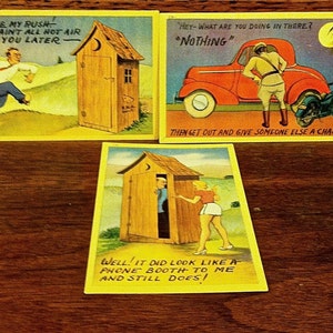 3 Humorous 1940s Vintage Postcards Unused Brightly Colored ~Outhouses ~Motorcycle Cop ~Red Car ~Phone Booth ~Bad Cop ~Moonlight
