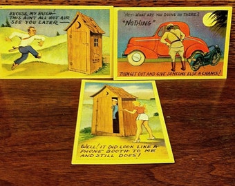 3 Humorous 1940s Vintage Postcards Unused Brightly Colored ~Outhouses ~Motorcycle Cop ~Red Car ~Phone Booth ~Bad Cop ~Moonlight