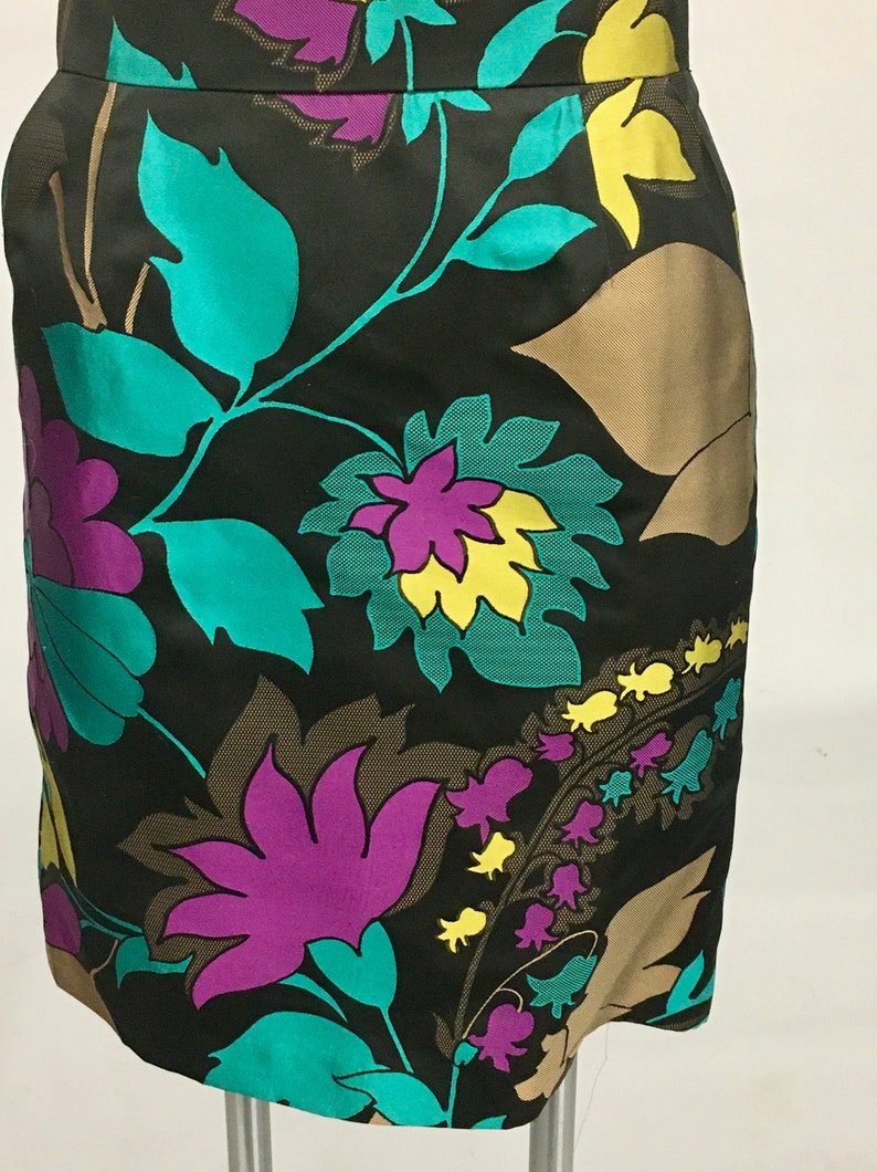 Beautiful Vintage ESCADA Black and Bright Floral Silk Skirt with Dual Front Pockets image 3