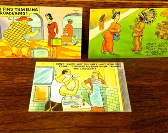 3 Humorous 1940s Vintage Postcards Unused Brightly Colored ~Plump Traveler  ~Shaving ~Razor ~Papoose ~Indian Chief ~Scolding Wife ~Bathroom