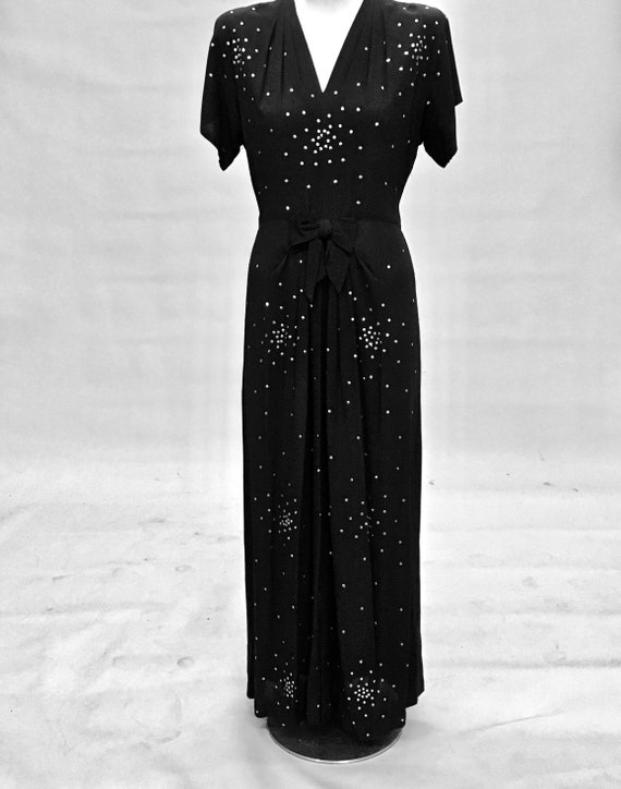 Vintage 1930s Rayon Crepe Black Maxi Dress With Si
