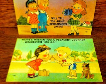 Two Humorous 1940s Vintage Postcards Unused Brightly Colored ~Children ~Camera ~Picture ~Journey ~Wishbone ~Dog