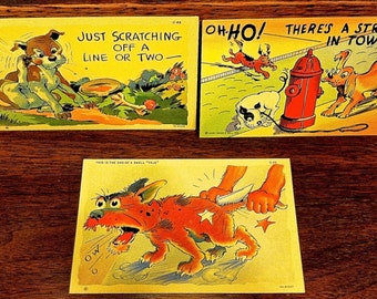 Three Humorous 1940s Vintage Postcards ~Unused ~Brightly Colored ~Collectible ~ Dogs ~Fire Plug ~Fleas