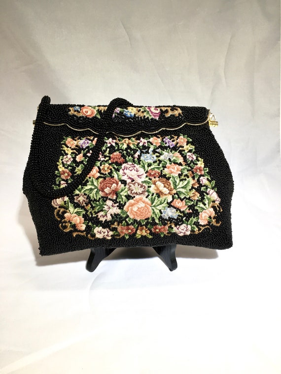 Vintage 1960s Beaded Bag ~Black Bead and Tapestry