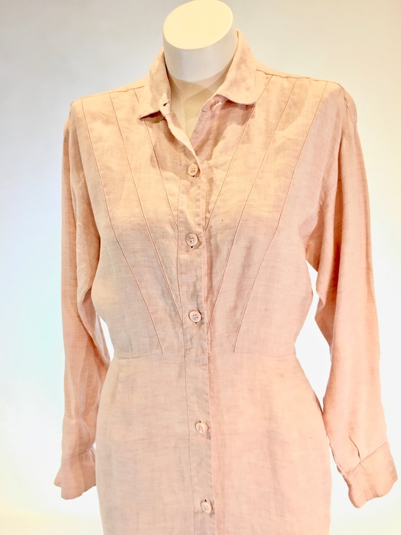 Vintage 1980s Calvin Klein Pink Linen Shirtwaist Fitted Dress Etsy