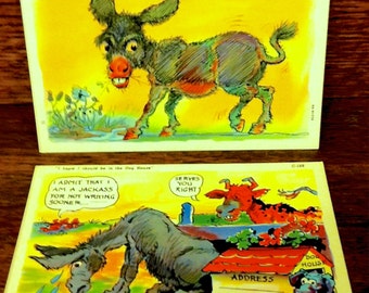 Two Humorous Vintage Farm Animal Postcards ~Unused ~Brightly Colored ~Collectible ~Jackass ~Dog House ~Bull