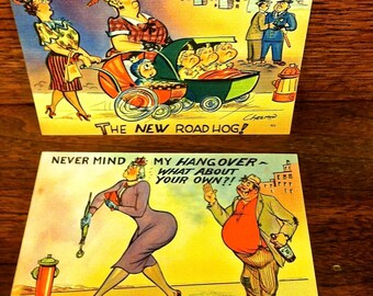 Two Vintage Humorous 1940s Vintage Postcards Unused Brightly Colored ~Triplets ~Baby Buggy ~Road Hog ~Hangovers ~Drunk ~Hats ~Strollers