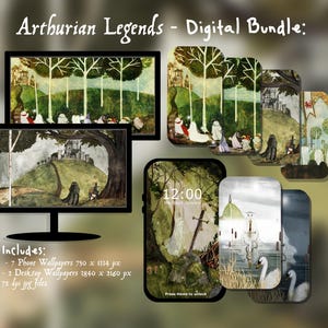 May include: A digital bundle titled Arthurian Legends featuring multiple desktop and phone wallpapers. The artwork displays scenes with castles, forests, figures, and a sword in a lake with a swan. Includes 7 phone wallpapers 750 x 1334 px and 2 desktop wallpapers 1840 x 2160 px.