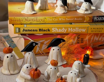 Ghost Companions Crows and Pumpkins - Tiny Ghost Figures Halloween Decor