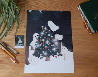 Niedlicher Geister-Weihnachtskunstdruck ohne KI – Verschiedene Größen erhältlich