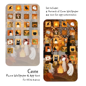 May include: A digital art design featuring a Halloween theme. The image includes phone wallpapers and app icons with illustrations of witches, ghosts, pumpkins, and other spooky elements. The text reads "Coven Phone Wallpaper & App Icons For IOS & Android."
