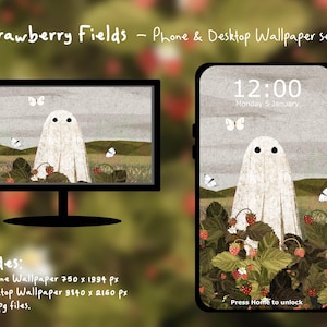 May include: A digital wallpaper set featuring a whimsical ghost in a strawberry field. The design is displayed on a phone and a computer monitor. The phone shows the time as 12:00 on January 5th. Includes a phone wallpaper (750 x 1934 px) and a desktop wallpaper (3840 x 2160 px).