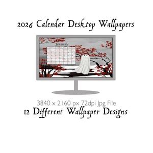 Puede incluir: Un monitor de computadora muestra un fondo de pantalla de calendario de escritorio de enero con una ilustración de fantasma. El fondo presenta ramas de árboles rojas y negras contra un cielo gris. El texto en la parte superior dice "2026 Calendar Desktop Wallpapers".