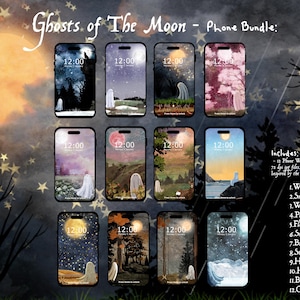Könnte beinhalten: Ein digitales Set mit dem Titel Ghosts of The Moon, das zwölf Smartphone-Hintergrundbilder mit Geisterillustrationen und Mondmotiven enthält. Der Text umfasst eine Liste von zwölf Mondnamen sowie Angaben zu 750 x 1334 px und 72 dpi jpg-Dateien.