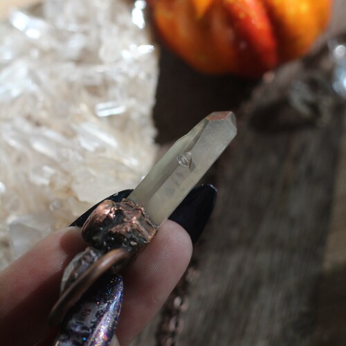 Smokey Lemurian shops Seed Quartz with amethyst and Rainbow Moonstone Hexagon Copper necklace