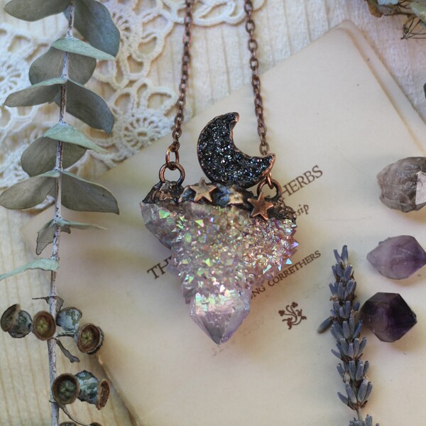 Angel aura spirit quartz and black knight aura crescent moon copper statement necklace