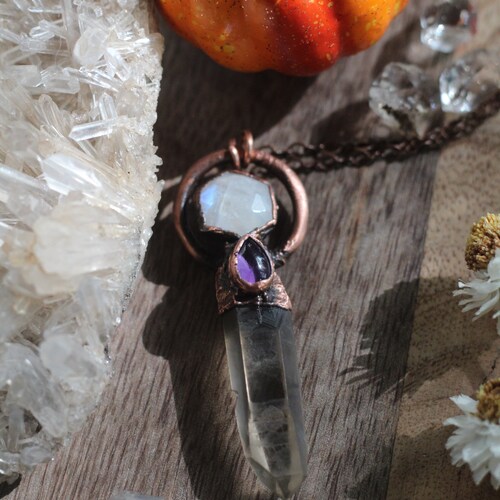 Smokey Lemurian shops Seed Quartz with amethyst and Rainbow Moonstone Hexagon Copper necklace
