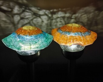 Fused Glass Solar Mushroom Pathway Garden Decor Art Stake - Custom Made - Large Size 6-8 Hours of Light Silver Posts