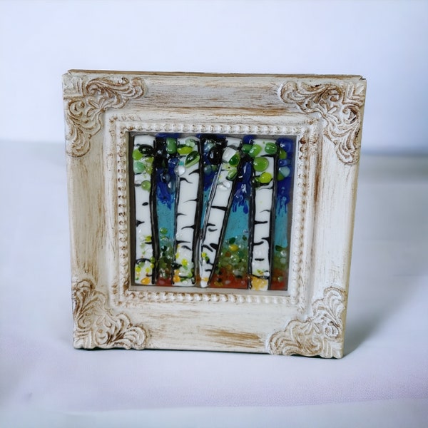 Miniature Fused Glass and Enamel Painted Birch Trees in Wooden Picture Frame for Tabletop