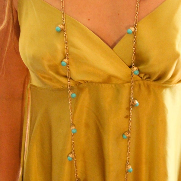 Super Long Gold and Turquoise Beaded Necklace - Amazing Vintage Find