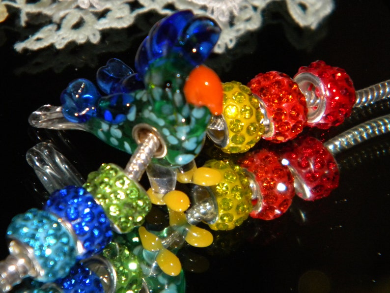 Crystal Paved Mix large hole spacer Beads lot Beads only Z6 NEW 7pc Lampwork Parrot Rainbow European Style GLASS Murano Charms