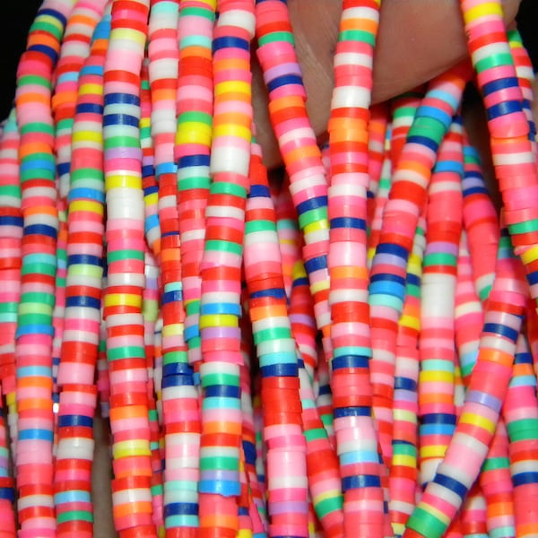 New 6 strands 17.5'' Long mixed colored BRIGHTS 4.0mm round x 1.0mm thick polymer clay Rings Handmade Polymer Clay Flat Heishi Beads (PL)