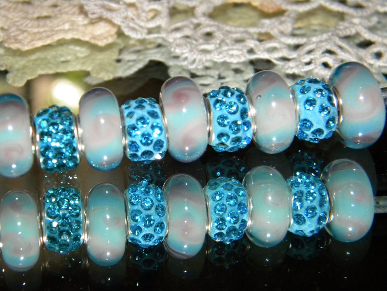 only New 9Pc PINK Blue Glass Murano Lampwork 14mm beads /& Crystal paved large hole European charm beads LOT V9