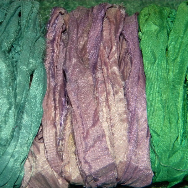NEW 3 Colors 12" each (3 Feet total) Various width Variegated Green /Orchid /Periwinkle, SARI Silk Recycled Ribbon tassels Jewelry (GOP)