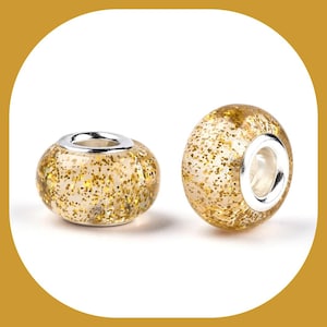 20/pc Golden Gold sparkle fine Glitter 14mm Resin European Style Charm Beads 5.0mm large hole spacer charm Beads lot (02H)