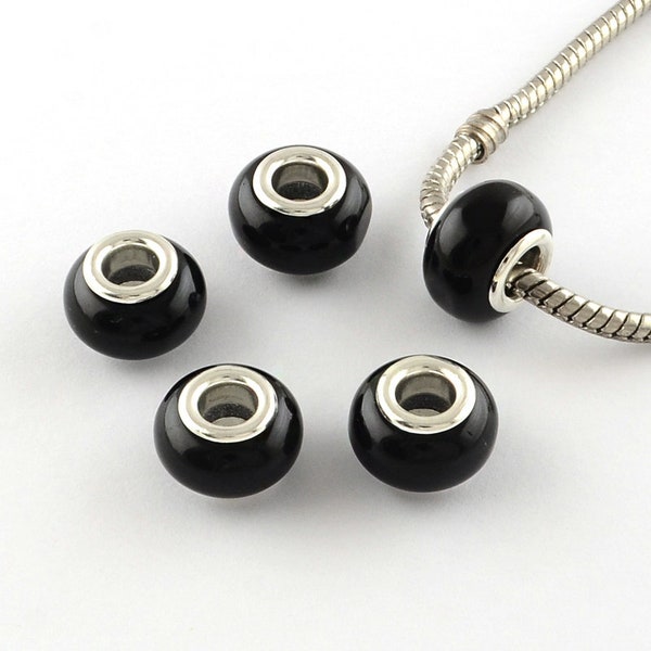 NEW 10/pc Black Solid GLASS Jet black 14mm European Style Charm spacer beads lot 5mm large hole spacer charm Beads lot(11S)