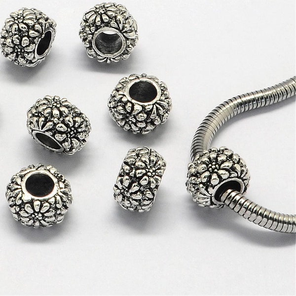 New 20/pc Antiqued Silver Swirl Raised Daisy FLOWERS detailed METAL 11x7mm charms European charm beads 5mm large hole European beads Lot(TP)