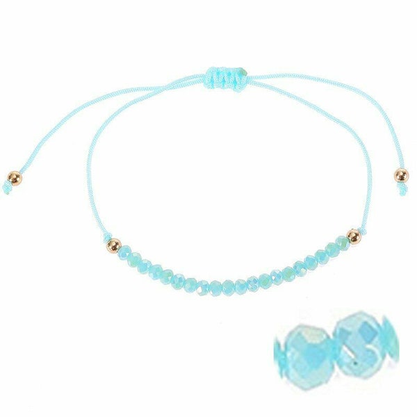 New 2/pc BULK sale Light Blue MINIMALIST BoHo Faceted crystal beads & Wax cotton cording slide BRACELET Jewelry, High Fashion, As pictured