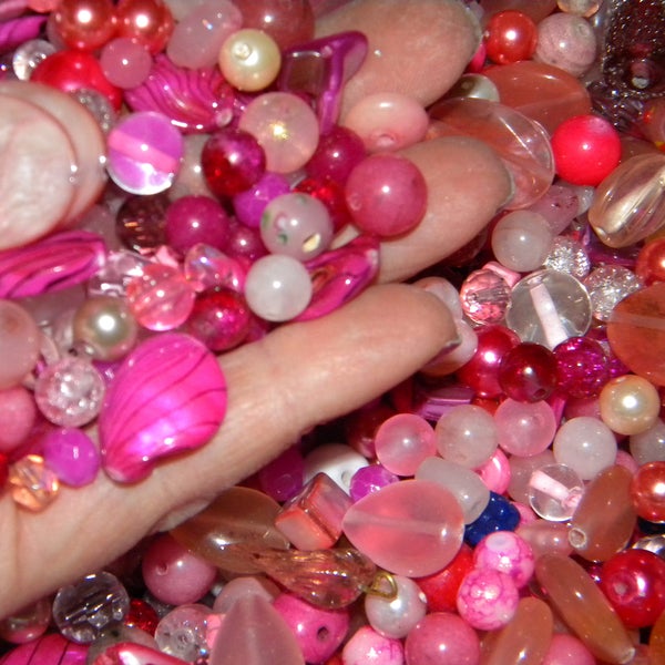 NEW 6/oz PINK'S/blush Large Mixed Loose lot of Beads Assorted 6-20mm ALL Glass, lampwork, crystals, gemstone, Pearls, semiprecious, No JuNK