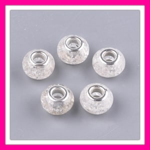 20/pc Blanc transparent craquelé scintillant 14 x 9 mm Perles d'espacement à breloques de style européen en RÉSINE, grand trou de 5 mm (B16)