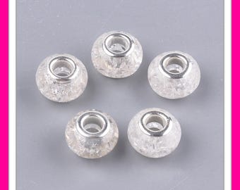 NEW 20/pc White clear Crackle Glitter 14x9mm European Style Charm spacer beads lot Beads RESIN 5mm large hole spacer charm Bead lot