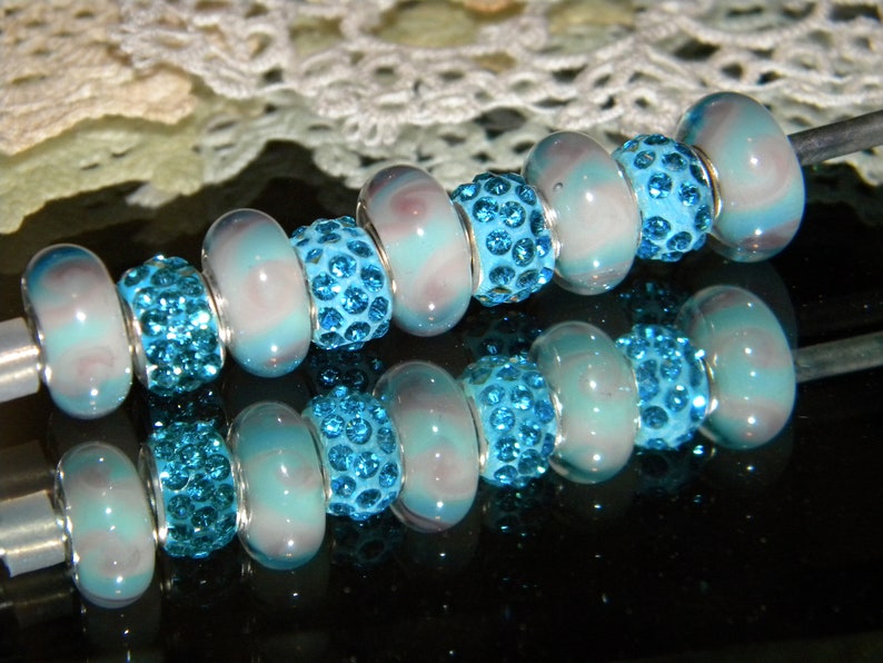 only New 9Pc PINK Blue Glass Murano Lampwork 14mm beads /& Crystal paved large hole European charm beads LOT V9
