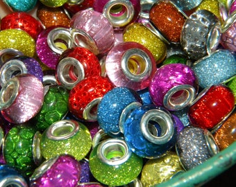 NEW 20/Pc Glitter Holographic BRIGHT European Style Charm Beads 14x9mm Resin RANDOM picked large 5.0mm hole spacer Beads Mix lot