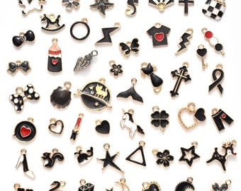 NEW 50pcs/set Mixed styles Alloy Enamel Pendants, Light Gold, Mixed Shapes, Light Gold Black/red/white mixed items focal charms lot (1-22)