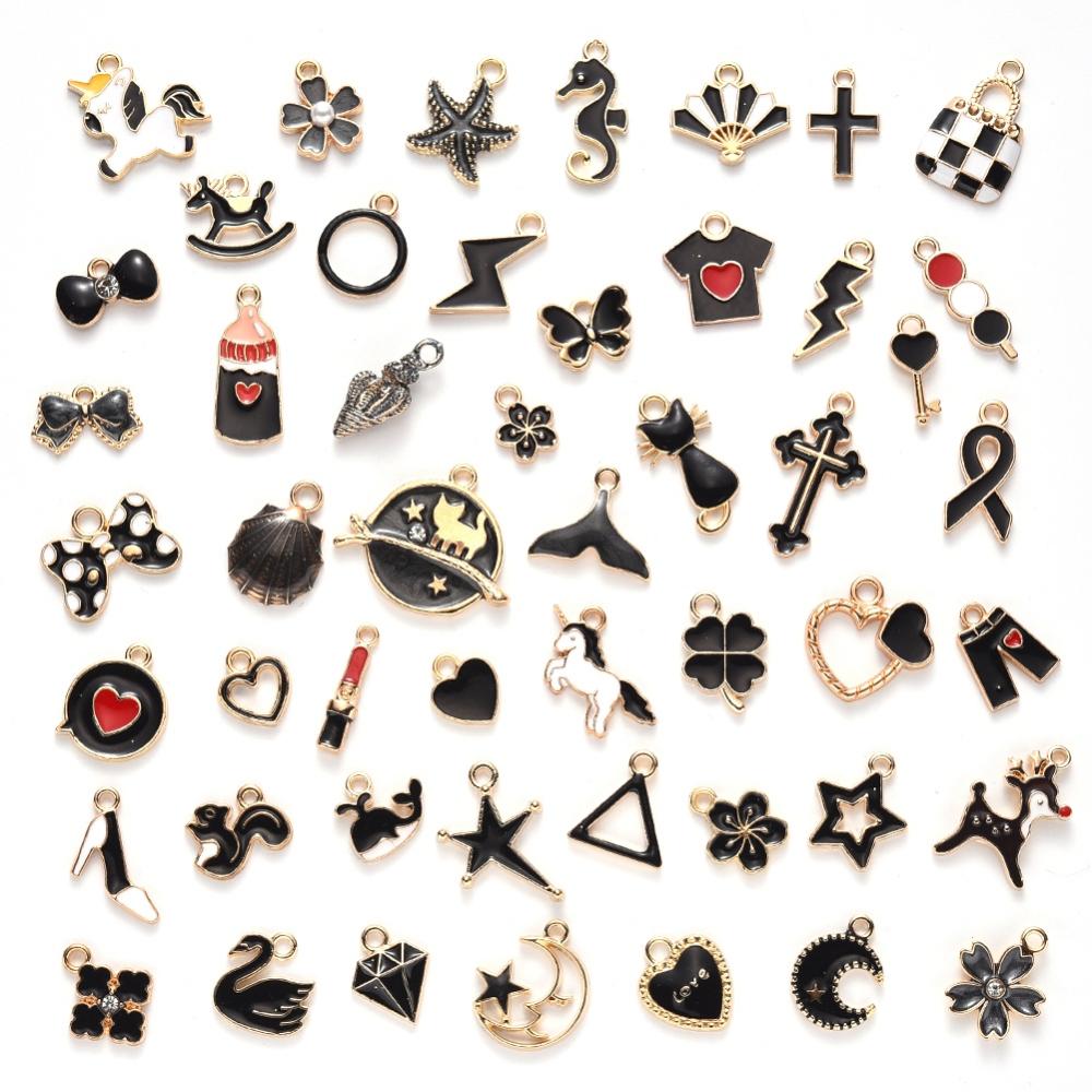 NEW 50pcs/set Mixed styles Alloy Enamel Pendants, Light Gold, Mixed Shapes, Light Gold Black/red/white mixed items focal charms lot (1-22)