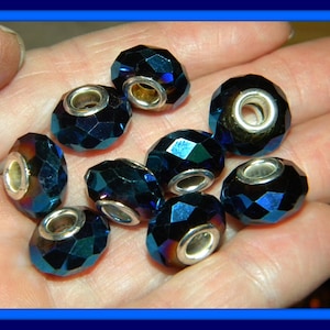 NEW 20/pc AB Dark Blue Solid GLASS Large hole Faceted European 14mm beads 5.0mm large Hole silver plated cores