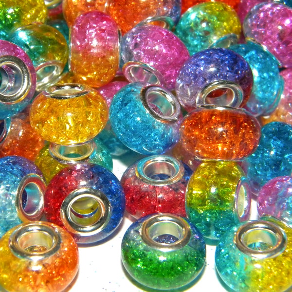 NEW 20/pc Resin OMBRE Crackle Multi Colored 14x9mm European Charm spacer beads Random Mix silver cores large 5.0mm hole spacer Beads Mix lot