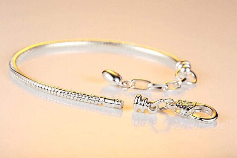 May include: A silver bracelet with a snake chain design, featuring a lobster clasp and an adjustable chain. The bracelet is unclasped, showing the separate components. The jewelry is displayed on a light-colored surface.