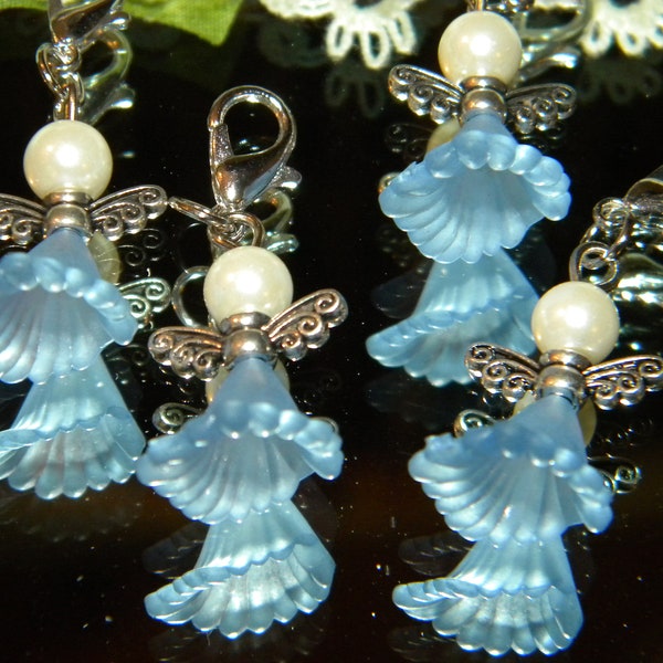 New 4/Pc Clip on CHARMS Flower Angel Acrylic Pendants, Glass Pearl Beads, Zinc Alloy Lobster Claw Clasps and Alloy Beads, Blue Color, 40mm