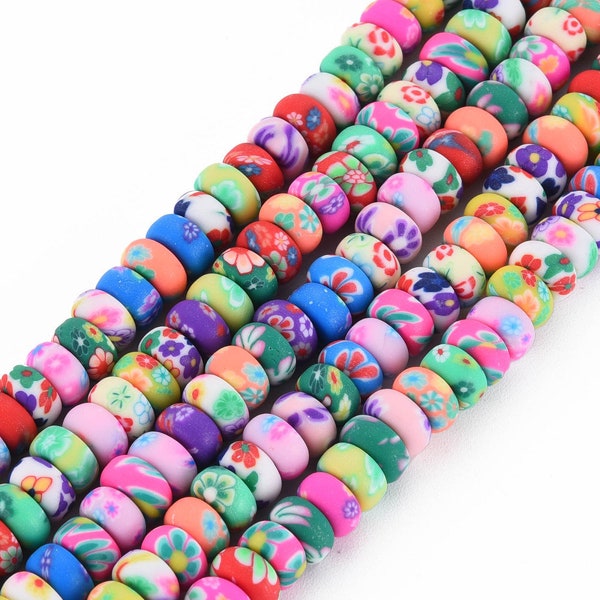 New 1/St (109/Pc) Candy Like Handmade Polymer Clay Beads Strand for DIY Jewelry Crafts Supply Flat Round, Colorful 6.5x3.5mm, Hole 1.6mm(M)