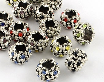20/pc Mixed colors FANCY Flower Metal & Crystal Spacer European Charms Beads 11x8mm large 5.0mm hole (FL)