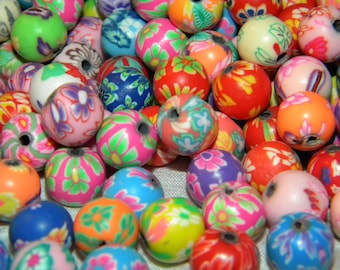 NEW 50/pc Colorful Bright Handmade Polymer Clay Beads, Round, Mixed Random Color, about 10mm diameter, hole: 1.5-2.0mm(PC)