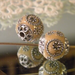 New 2/pc Matching Light Brown Beige/Silver Jesse James beads Fancy Embellished BOHO 15mm Loose beads lot 2.0mm hole (BS)