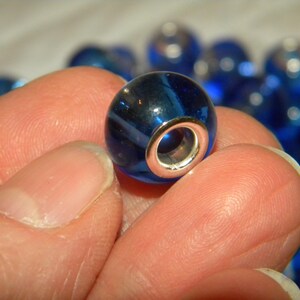 NEW 20/pc Clear Colored Blue GLASS Large hole European spacer beads 14x11.5mm beads 5.0mm large Hole silver plated cores(DB)