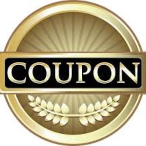 May include: A gold-colored circular emblem with the word "COUPON" in bold white letters on a black rectangular banner. The emblem features a radiating sunburst design and a laurel wreath.